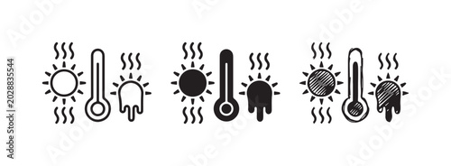 Принти на полотні Heat and melting sun icons with thermometer in outline, solid, and hand-drawn styles, representing high temperatures, summer, and climate change