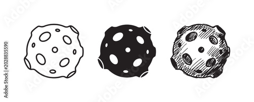 Εκτύπωση καμβά Collection of three asteroid or meteor icons, rendered in outline, solid black, and hand-drawn scribble styles, featuring distinct crater patterns