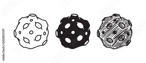 фотографія Three stylized asteroid or meteor icons depicting celestial bodies with craters, presented in outline, solid, and hand-drawn styles