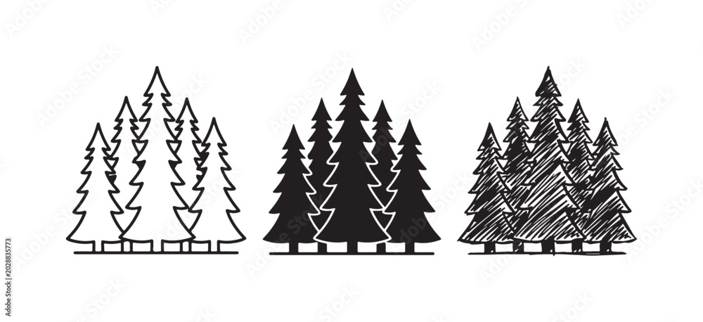 Obraz premium Group of Pine Trees Icon Set in Outline, Solid, and Doodle Styles