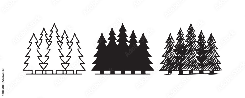 Fototapeta premium Simple Pine Tree Group Icon Set in Outline, Solid, and Doodle Styles