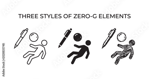 Fotografie Three styles of zero-gravity elements featuring a floating person, a pen, and a solid sphere, depicted as outline, solid, and sketchy icons