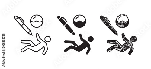 Foto Three styles of zero-gravity elements featuring a floating person, a pen, and a sphere with liquid settled at the bottom, depicted as outline, solid, and sketchy icons