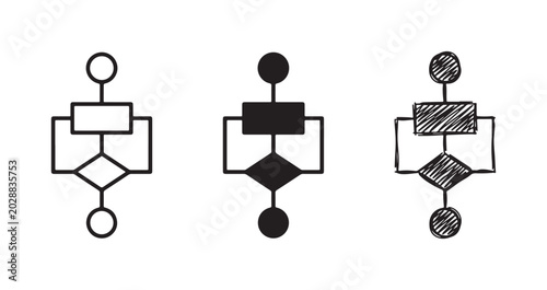 Basic flowchart icon in three styles: line art, solid silhouette, and hand-drawn sketch, representing a simple process with decision point.