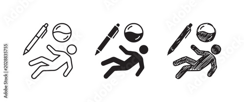 Tableau sur toile Three styles of zero-gravity elements featuring a floating person, a pen, and a sphere with liquid settled at the bottom, depicted as outline, solid, and sketchy icons