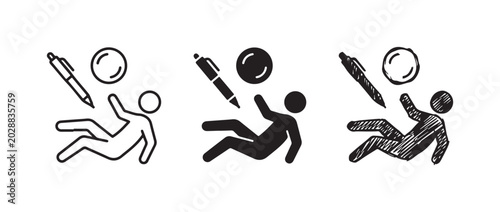 Photos Three styles of zero-gravity elements featuring a floating person, a pen, and a sphere with wavy liquid, depicted as outline, solid, and sketchy icons