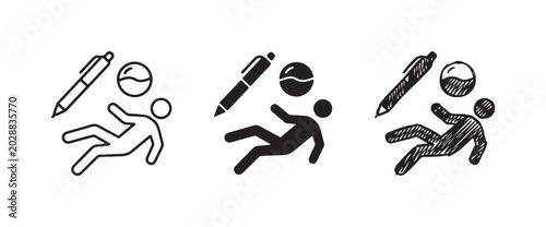 Schilderij op canvas Three styles of zero-gravity elements featuring a floating person, a pen, and a sphere with wavy liquid, depicted as outline, solid, and sketchy icons