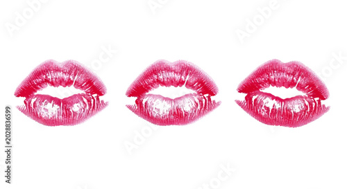 Tableau sur toile Three realistic bright red lipstick kiss marks, isolated on a pure white backgro