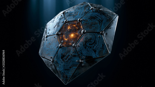 Futuristic Cybersecurity Shield With Glowing Circuit Pattern And Orange Core