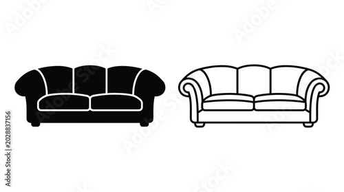 Foto Two sofa silhouettes one black fill and one white outline on white