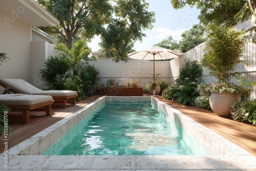 Intimate outdoor space featuring a small swimming pool, lounge chairs, and greenery