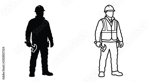 Construction worker silhouette and line drawing on a white background