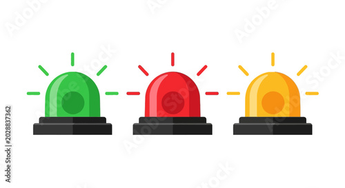 Konstfotografi Three warning lights, green, red, and yellow, illuminated on a white background,