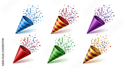 Quadro su tela Vibrant collection of six exploding party poppers unleashing a cascade of colorf