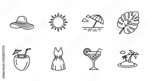 Foto A collection of summer vacation icons including a sun, beach, umbrella, cocktail