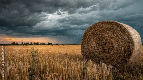 round straw bale foreground, wheat field under dramatic sky background, cinematic lighting, ultra detailed nature photography 