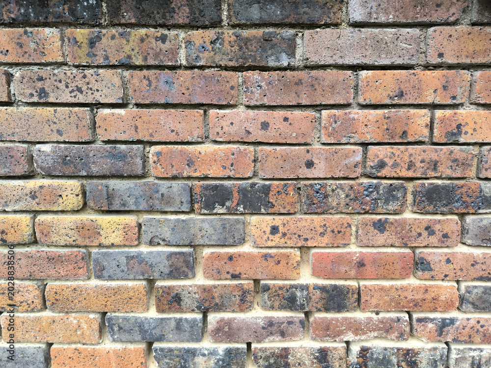 Fototapeta premium Weathered Multicolored Old Brick Wall Texture with Mortar Joints Showing Age Stains and Rustic Patina as Background