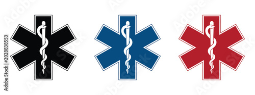 Tableau sur toile Star of Life icon set featuring medical emergency symbols with Rod of Asclepius for first aid, healthcare safety, rescue services, and emergency response design