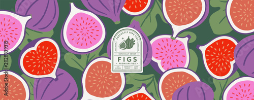 Fig. Vector botanical summer abstract illustration of sliced ​​fruits and leaves, vintage packaging label, pattern, tag, fabric, textile, background, and banner.