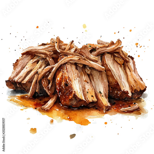 Pulled Pork, serene watercolor vector artwork with smooth washes of color and refined textures, isolated on a white background.