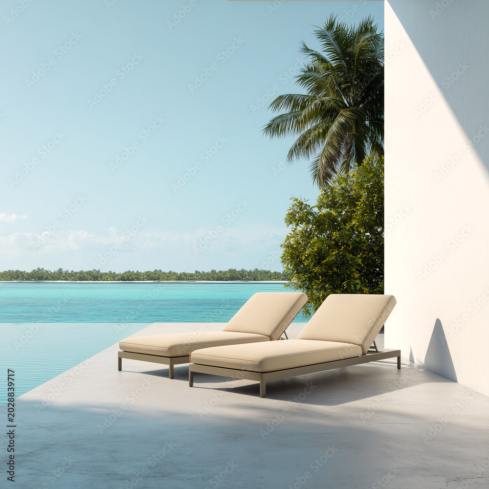 Fototapeta premium Two sun loungers on a modern villa terrace by the infinity pool. Minimalist luxury resort background with tropical sea view, palm tree, and blue sky. Summer vacation