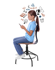 Girl with mobile phone sitting on chair against white background. School related icons around her