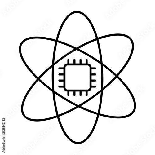 Multiple orbit symbols with chip. Vector line illustration for technology networks, global connectivity, AI infrastructure.