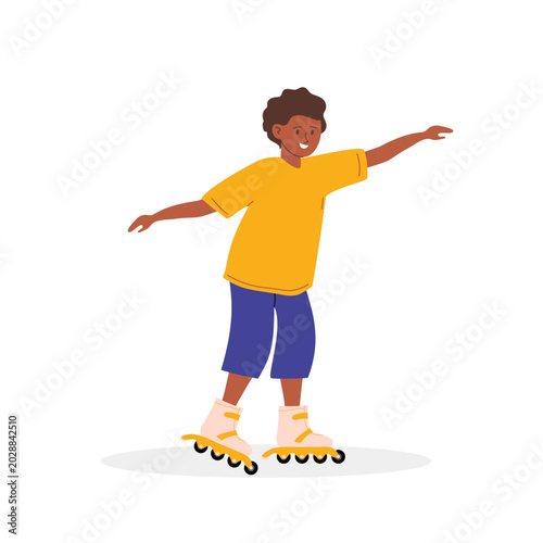 Happy boy learned to roller skate. Child roller skating with arms wide open. Childhood achievement, learning new skill, joyful.