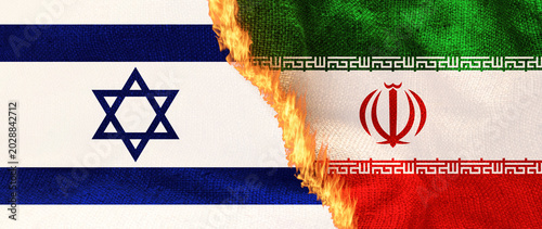 Flags of iran and israel amidst flames symbolizing complex middle eastern geopolitics and tensions, Tension between israel and iran flags on fire. not ai