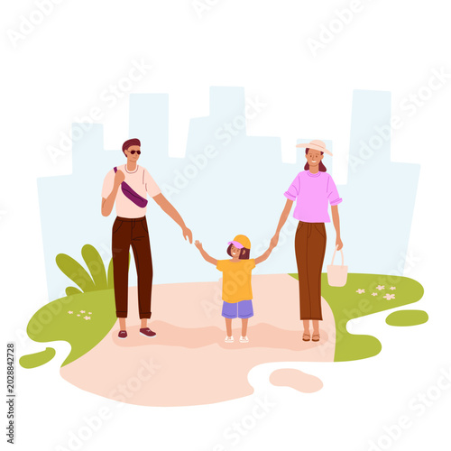 Happy family walk outside the city. Dad, mom, child walking holding hands in nature. Flat vector illustration for family bondin.