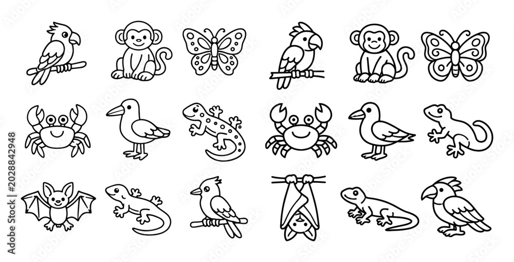 Fototapeta premium Wildlife and tropical vector icons with parrot, monkey and butterfly for educational presentation design in outline style