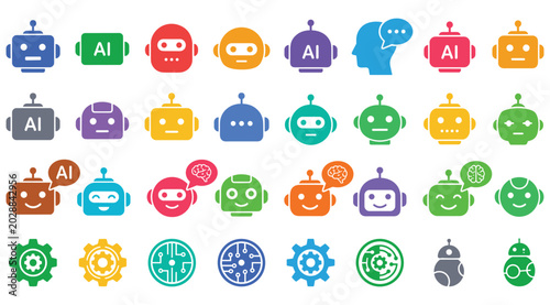 Bild auf Leinwand Colorful robot head and artificial intelligence flat icon collection for tech ap