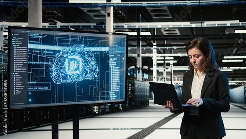 Tableau sur toile Upset data center female technician struggling to make artificial intelligence optimize rigs