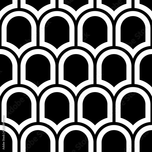 Japan traditional ethnic embroidery ornament with repeated scallops. Fish scale. Repeat scallop background. Seamless surface pattern design with scales. Ancient japanese sashiko uroko motif. Squama.