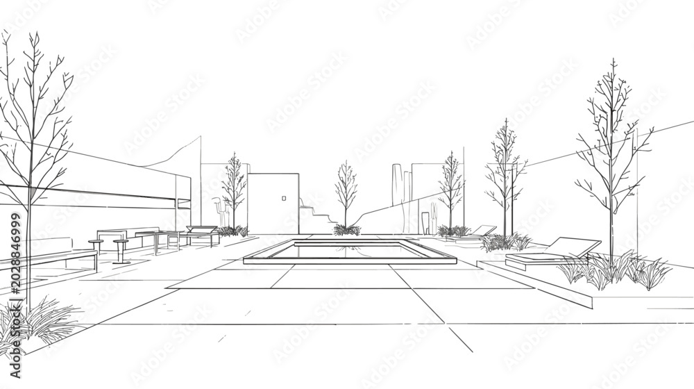 Fototapeta premium Modern Architectural Perspective Line Art of Luxury Residential Backyard with Swimming Pool and Sunbeds