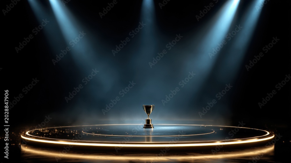 Obraz premium Elegant circular podium centerpiece for an awards ceremony on a black stage with dramatic gold and blue lighting