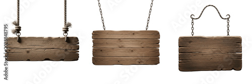 Set of Hanging Wooden Signboards Isolated on Transparent PNG Background, Rustic Empty Wood Signs with Chains and Ropes, Vintage Blank Timber Plaque Collection for Menu and Advertising, Textured Wooden