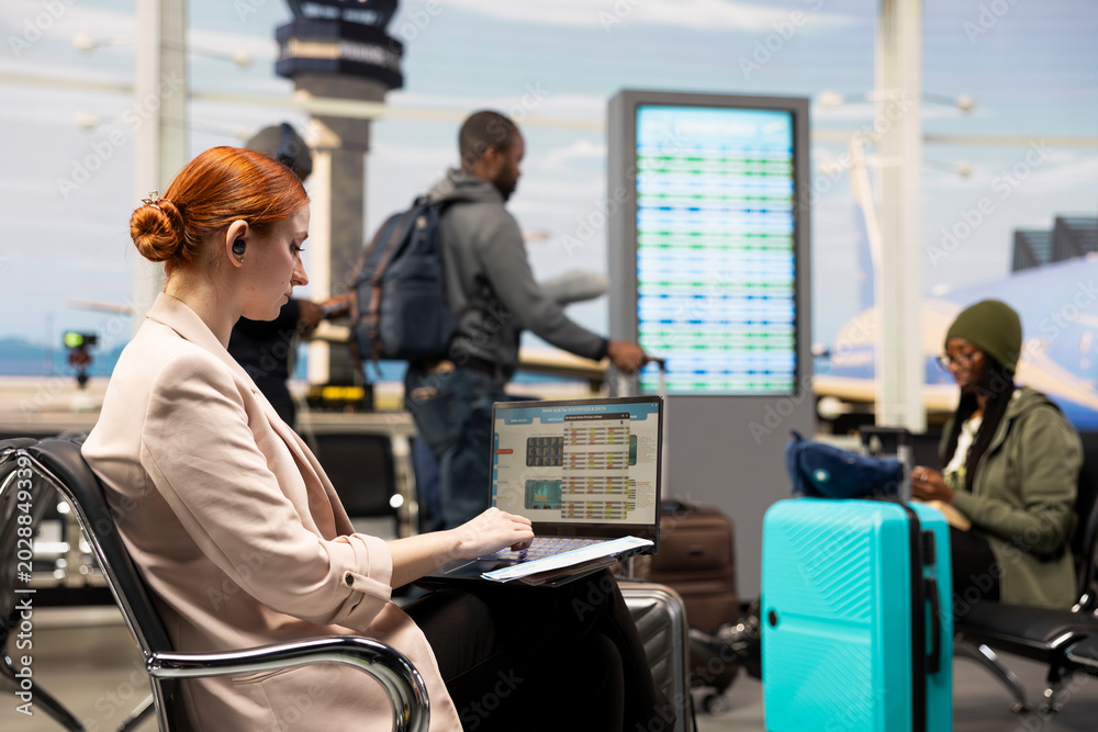Obraz premium Woman manager analyzing compliance reports on laptop in business lounge, reviewing checklist and business plan. Professional employee preparing for meeting during international travel.