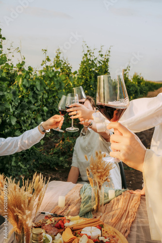 Group of friends holding wine glasses with red wine, toasting outdoors party in a vineyard. Winery, wine production, sunset time