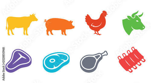Фотография Assortment of colorful farm animal and meat product icons with farm animals meat