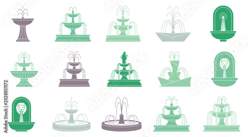 Bild auf Leinwand Collection of decorative garden fountains and water features icons in various st
