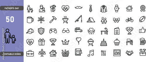Father's Day line icon set. Minimalist parent and family symbols, linear vector illustration.