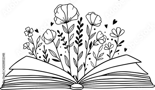 Quadro su tela Open book with wildflowers SVG floral botanical bookworm vector graphic