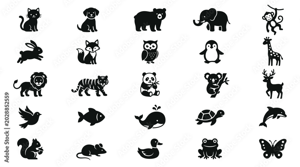 Fototapeta premium Black silhouettes of various wild animals.