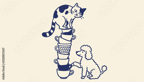 Fotografia A playful cat perched atop a stack of teacups with an observant poodle beside it