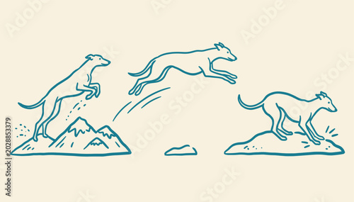 Foto Three greyhound dogs leaping across mountain peaks in a minimalist teal line art