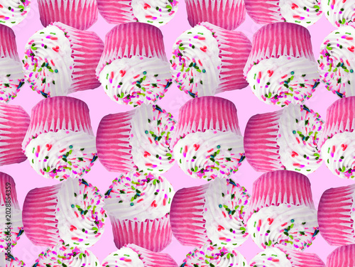 A seamless pattern of pink-lined cupcakes with white frosting and colorful sprinkles on a pink background. The cupcakes are arranged in a repeating grid.