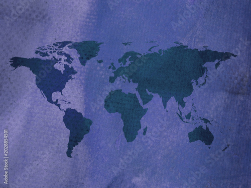 A world map is depicted in dark blue against a textured purple background. The continents are clearly outlined, showing the entirety of the globe.