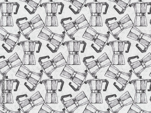 A repeating pattern of hand-drawn moka pots in grayscale. The image features multiple moka pots arranged diagonally across a light background.