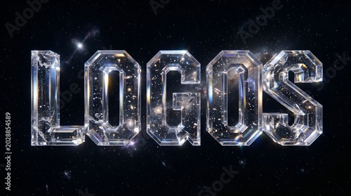 3D glass LOGOS text with nebula space textures for brand identity and metaphysical philosophy logic concept art
